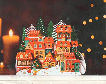 Holiday Pop-Up Card – 3D Christmas Village Scene, Handmade-Style Laser Cut Greeting Card, Unique Christmas Gift Idea for Friends and Family