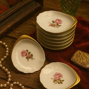 May include: A stack of six white porcelain dishes with a gold rim and a pink rose design. The dishes have a unique, asymmetrical shape. A single dish and a few other decorative items are also visible.