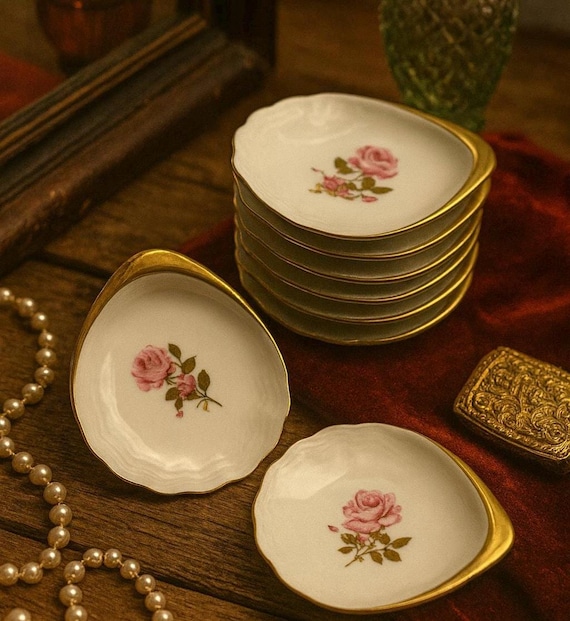 Vintage Bavarian Porcelain Nut Dish – 1950s Pink Rose & Gold Trim Mini Trinket Plate, German Bonbon Candy or Jewelry Holder Dish