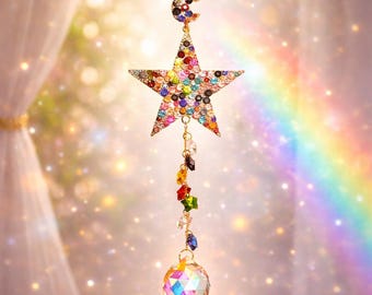 Crystal Star Suncatcher, Rainbow Prism Window Hanging, Moon Star Light Catcher, Boho Celestial Home Decor Gift
