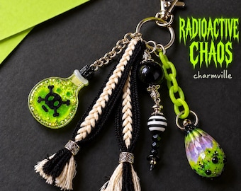 Radioactive Chaos Handmade Bag Charm, Neon Green Poison Bottle Keychain, Gothic Purse Charm, One of a Kind Halloween Bag Jewelry