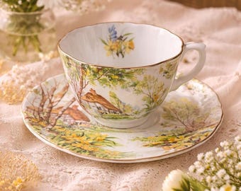 Vintage English Bone China Teacup & Saucer Set, Lorna Doone Cottage Scene, Floral Tea Cup, Cottagecore Tea Set, Gift for Her