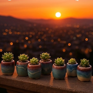 May include: A row of small succulent plants in ceramic pots with a blue, red, and brown glaze. The plants have green leaves. The background shows a sunset over a city.