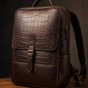 Könnte beinhalten: Ein dunkelbrauner Lederrucksack mit einer strukturierten Krokodilprägung auf der oberen Frontklappe. Die Tasche verfügt über einen vertikalen Riemen mit einer messingfarbenen Metallschnalle, einen Tragegriff oben und verstellbare Schultergurte.