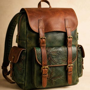 May include: A forest green backpack featuring a brown leather top flap and matching brown leather straps with brass-toned buckles. The green body displays an embossed pine needle and cone pattern, complemented by two side pockets and a front pocket.