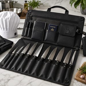 Puede incluir: Un estuche de cuero negro para cuchillos con diez ranuras individuales, un compartimento con cremallera y bolsillos para pasaporte y bolígrafos. El estuche abierto muestra una variedad de cuchillos de acero inoxidable con mangos negros.