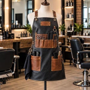 Könnte beinhalten: Eine schwarze Schürze mit braunen Taschen und Besätzen in Lederoptik, ausgestattet mit verstellbaren Schultergurten mit Metallbeschlägen, einem Brustaufnäher und mehreren Fächern mit Friseurwerkzeugen wie Scheren und Kämmen, präsentiert an einer Schneiderpuppe.