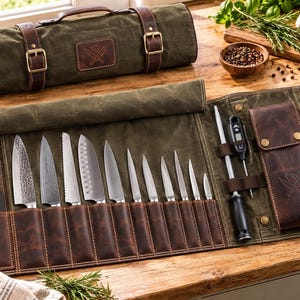May include: An olive green waxed canvas knife roll with brown leather accents, featuring multiple slots containing various stainless steel kitchen knives, a honing rod, a digital thermometer, and a leather pouch with a crossed knife logo.