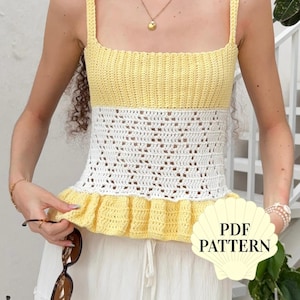May include: A yellow, white, and yellow crochet top with a square neckline and straps. The top has a ruffled hem and a white openwork design in the middle. The image includes the text "PDF PATTERN".