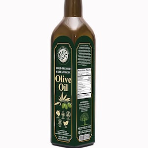 May include: A glass bottle of cold-pressed extra virgin olive oil with a green label. The label features a gold olive branch design and the text "Olive Oil". The bottle is 500 ml (16.9 fl oz).
