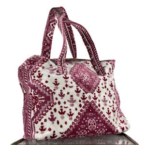 Carpet Print Tote Bag | Pink Burgundy White Woven Rug Style Purse | Large Boho Fabric Shoulder Bag with Zipper | Anchor Pattern Tote