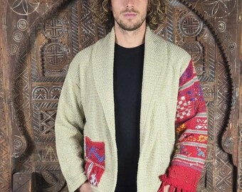 Vintage handgeweven wollen Baja-jas: unisex boho festivaljas