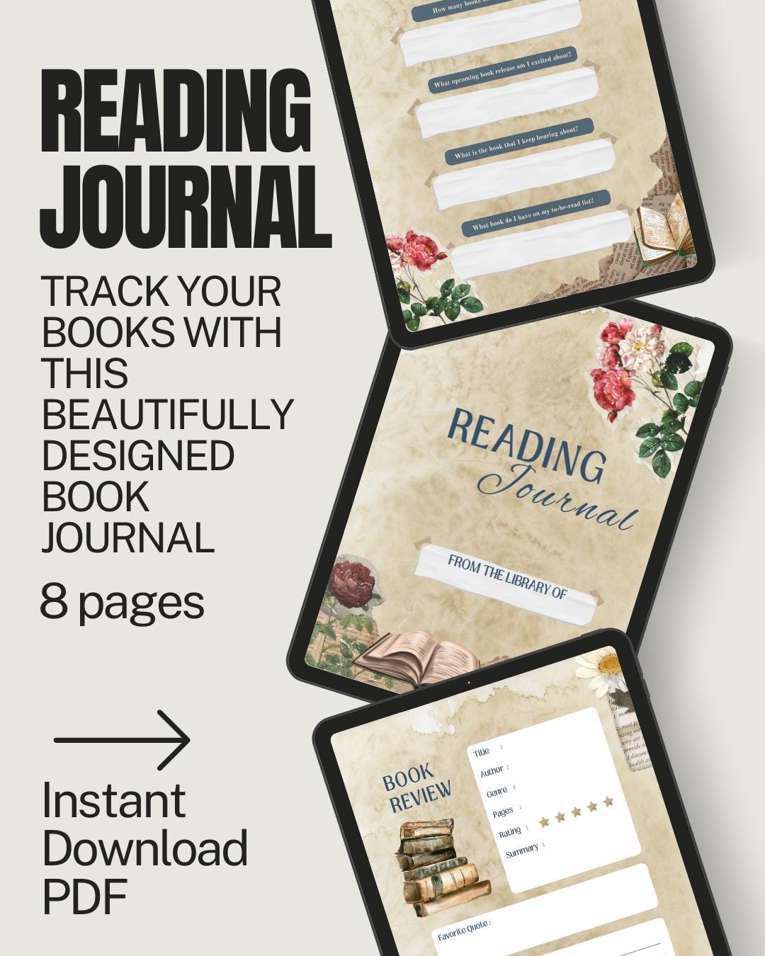 Vintage Book Reading Journal Printable | Junk Journal Style (instant ...