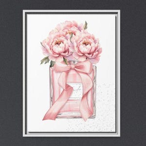 Canvas Wall Art, Pink Floral Perfume Bottle Art for Her, Chic Home Decor, Pink Wall Art, Framed Canvas, Matte Artwork