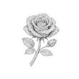 以下が含まれることがあります： バラの白黒の線画が描かれたステッカー。バラの花びら、葉、茎、小さなつぼみ全体が、小さな円が密集したきらめく模様で埋め尽くされており、ダイヤモンドのような質感のある視覚効果を生み出しています。