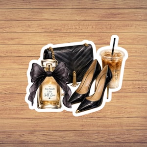 Eleganckie perfumy, szpilki, naklejka na torebkę, sztuka mrożonej kawy (winyl z ciętym wzorem)