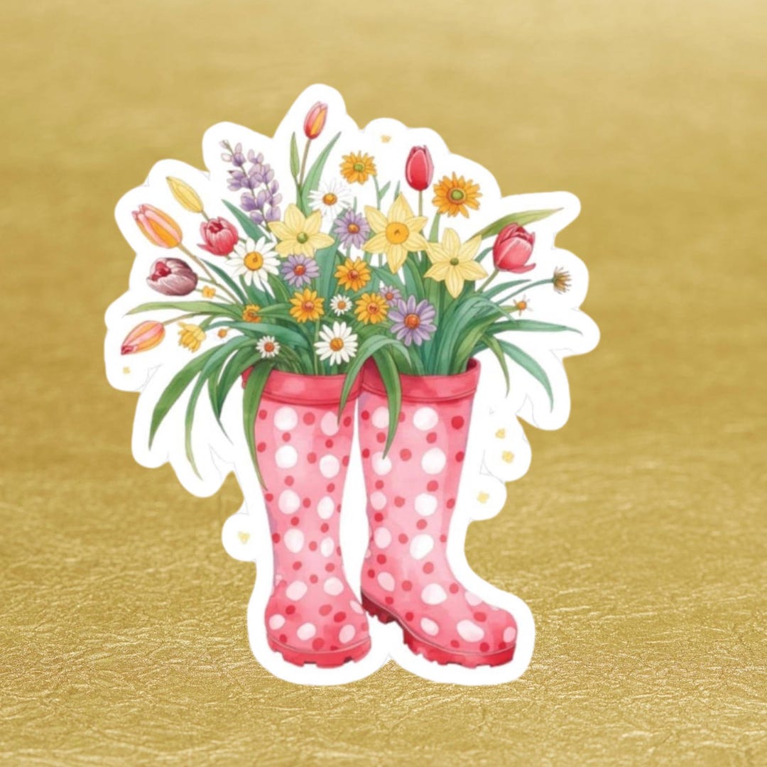 Pink Polka Dot Rain Boots With Spring Flowers Sticker | Kiss-cut ...