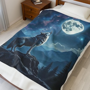 Wolf Moon fluwelen deken – rustiek natuur interieur, cadeau voor hem,