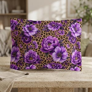 Purple Floral Leopard Pattern Microfiber Pillow Sham | Violet Peonies on Cheetah Print
