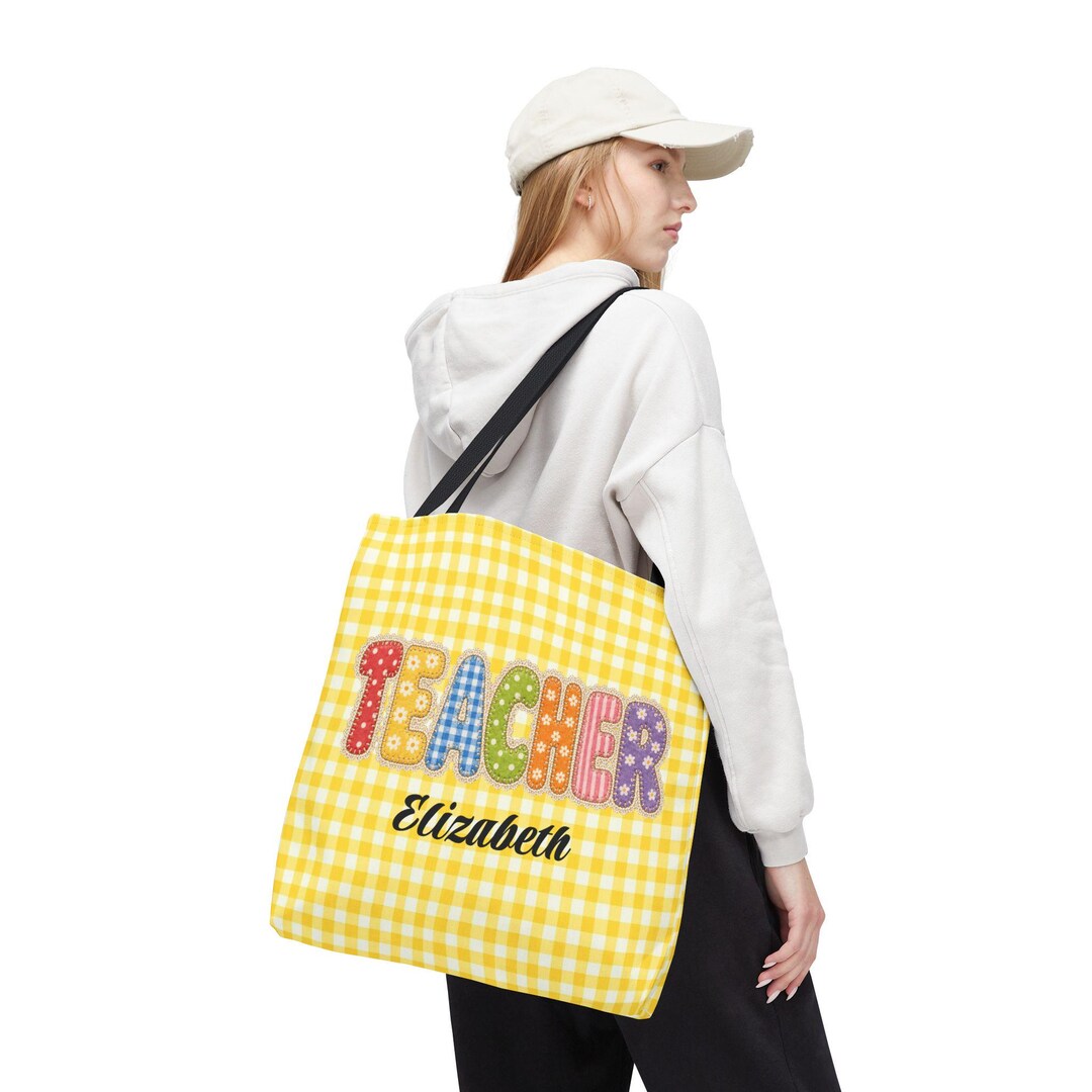 Personalized Teacher Tote Bag | Yellow Gingham Patchwork Name Bag - Etsy