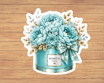 Adesivo floral azul-petróleo para caixa de chapéu, adesivo recortado, decalque de vinil com buquê de peônias