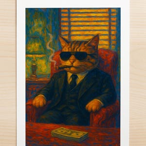 Mafia Cat Boss Art Print – Vibrant Oil Painting of Cool Cat Smoking Cigar in Office | Funny Animal Wall Art | Bold Gift for Cat Lovers