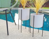 2 Medium Mid Century Planters and Stands Staggered Pair Modern Quad Steel or Walnut Ceramics - Eames Era Vintage Style Pottery Planters