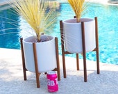 2 Medium Mid Century Planters Stands Staggered Pair Modern Quad Walnut or Steel - Eames Era Vintage Style Pottery Planter FREE SHIPPING