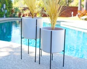 2 Medium Mid Century Planters Stands Staggered Pair Modern Quad Steel or Walnut Ceramics - Eames Era Vintage Style Pottery FREE SHIP
