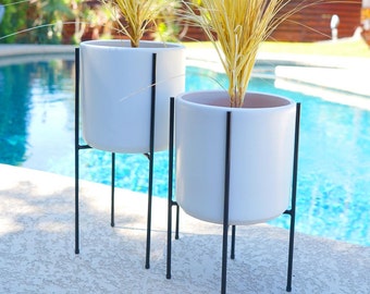 2 Medium Mid Century Style Planters + Stands Staggered Pair Modern Quad Steel or Walnut & Ceramics -  Eames Era Vintage Style Pottery