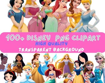 May include: A collection of Disney princess PNG clipart images. The image features various princesses in their iconic outfits, with a pink banner that reads "100+ Disney PNG Clipart, High Quality, Transparent Background."