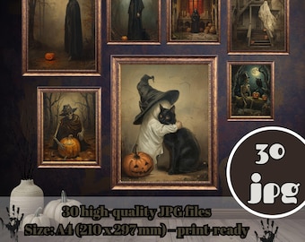 May include: A collection of framed Halloween-themed digital art prints. The artwork features spooky scenes with witches, skeletons, ghosts, and black cats. The prints are print-ready and available as an instant digital download. The size is A4 (8.3 x 11.7 inches).