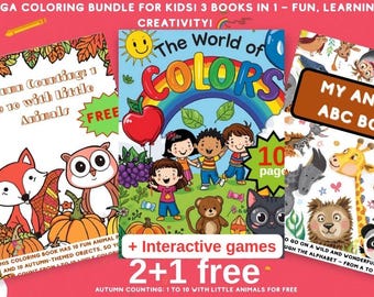 May include: A mega coloring bundle for kids featuring three books: "Autumn Counting," "The World of Colors," and "My Animal ABC Book." The covers display colorful illustrations of animals, children, and autumn themes. The bundle includes interactive games.