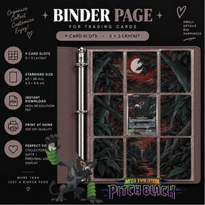 Op de afbeelding: Een bruine verzamelkaartenpagina met een 3x3 lay-out en 9 kaartvakken. De pagina toont een donkere bosillustratie met een volle maan en één ingestoken kaart. Tekst bevat BINDER PAGE, 9 CARD SLOTS en PITCH BLACK.