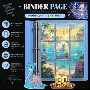 May include: A light blue trading card binder page featuring a 3x3 layout with 9 card slots. The page displays a scenic beach illustration with a Lapras card in the center. Text includes BINDER PAGE, 9 CARD SLOTS, 3x3 LAYOUT, and 63x88 mm.