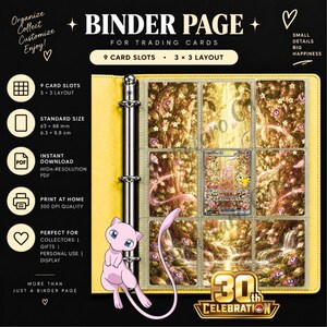 Può includere: Una pagina di raccoglitore gialla per carte collezionabili con layout 3x3 e nove scomparti. La pagina mostra una scena boschiva con un'illustrazione del personaggio Mew e il testo BINDER PAGE, 9 CARD SLOTS, 3x3 LAYOUT, 30th CELEBRATION.