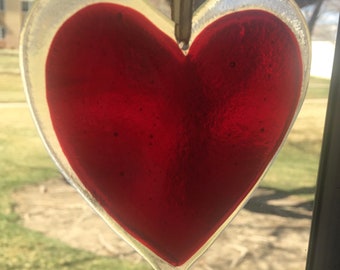 Fused Glass Sun Catcher, Ruby Red Heart, Home Decor, Window Hanging