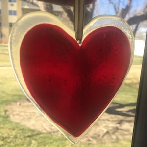 Fused Glass Sun Catcher, Ruby Red Heart, Home Decor, Window Hanging