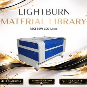May include: A laser engraving machine with a white and blue exterior. The machine has two drawers and is labeled "RECI 80W CO2 Laser." The image also includes the text "LIGHTBURN MATERIAL LIBRARY" and icons for materials, downloads, and tips.