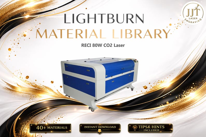 May include: A laser engraving machine with a white and blue exterior. The machine has two drawers and is labeled "RECI 80W CO2 Laser." The image also includes the text "LIGHTBURN MATERIAL LIBRARY" and icons for materials, downloads, and tips.