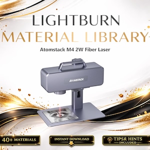 May include: A silver Atomstack M4 2W Fiber Laser machine with the text "LIGHTBURN MATERIAL LIBRARY" and "40+ MATERIALS" on a white and gold background. The laser is shown engraving an image. The JJT Laser Engraving logo is in the upper right corner.