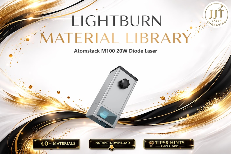 Lightburn-materialbibliotek för Atomstack M100 20W diodlaser | Flerspråkigt inställningspaket (digital nedladdning) bild 1
