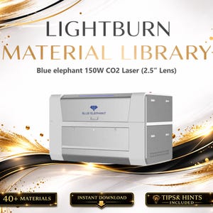 May include: A silver and gray Blue Elephant 150W CO2 laser machine with a 2.5-inch lens. The image includes the text "LIGHTBURN MATERIAL LIBRARY" and "40+ MATERIALS". The logo for JJT Laser Engraving is in the upper right corner.