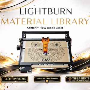 Può includere: Una macchina per incisione laser nera con una testa laser arancione mostra un'illustrazione dettagliata di un orso. La macchina è etichettata "Acmer P1 10W Diode Laser" e "6W". L'immagine include anche il testo "LIGHTBURN MATERIAL LIBRARY".
