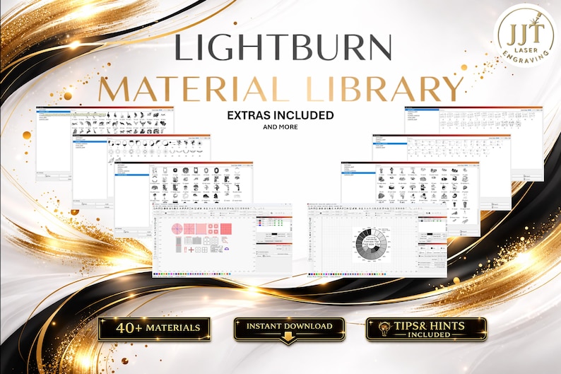 May include: A digital product advertisement for Lightburn Material Library. The image features multiple screenshots of the software interface, showcasing various design elements and tools. Text includes "Lightburn Material Library", "Extras Included", and "40+ Materials".