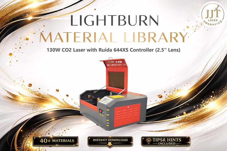 以下が含まれることがあります： 赤とグレーの外観のレーザー彫刻機が写っています。機械は上部が開いており、コントロールパネルがあります。画像には「LIGHTBURN MATERIAL LIBRARY」と「130W CO2 Laser with Ruida 644XS Controller (2.5" Lens)」という文字が書かれています。