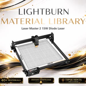 May include: A black and silver laser engraving machine with the text "LIGHTBURN MATERIAL LIBRARY" and "Laser Master 2 15W Diode Laser". The machine has a grid surface with dimensions of 390mm by 410mm. Includes "40+ MATERIALS", "INSTANT DOWNLOAD", and "TIPS & HINTS INCLUDED".