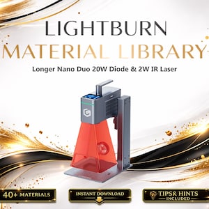 May include: An image of a laser engraving machine with a red laser beam. The text "LIGHTBURN MATERIAL LIBRARY" is displayed at the top. The image also includes the text "Longer Nano Duo 20W Diode & 2W IR Laser".
