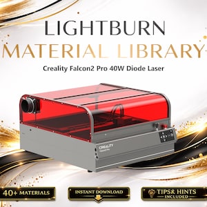 Può includere: Macchina laser Creality Falcon2 Pro 40W Diode, argento e rossa. L'immagine include il testo "LIGHTBURN MATERIAL LIBRARY" e "40+ MATERIALS". Il laser cutter ha una copertura rossa trasparente.
