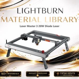 Può includere: Una macchina laser Laser Master 3 20W Diode argentata con il testo "LIGHTBURN MATERIAL LIBRARY" e "40+ MATERIALS". La macchina ha un telaio rettangolare con gambe regolabili e una testa laser. Lo sfondo ha accenti oro e neri.